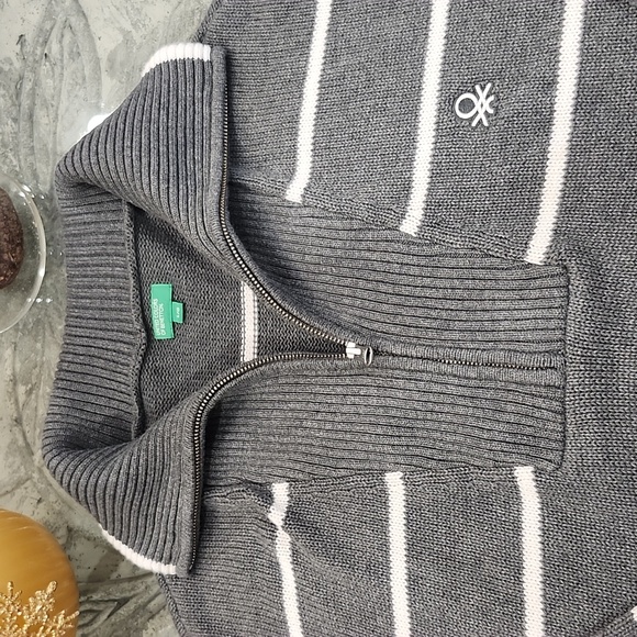 United Collors Of Benetton Men's Gray Striped Cowl Neck Zip Sweater Pullover L - Picture 3 of 12